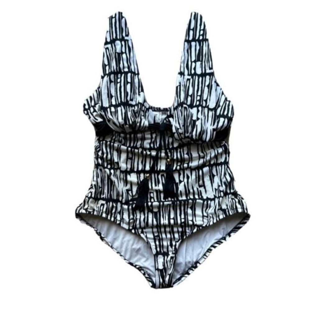 Badgley Mischka Swimsuit Womens 12 One Piece Black & White Empire Waist Tassel